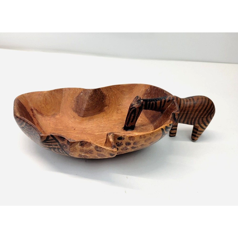 Vintage African Hand Carved Wooden Zebra Drinking From Bowl Trinket Dish Bowl